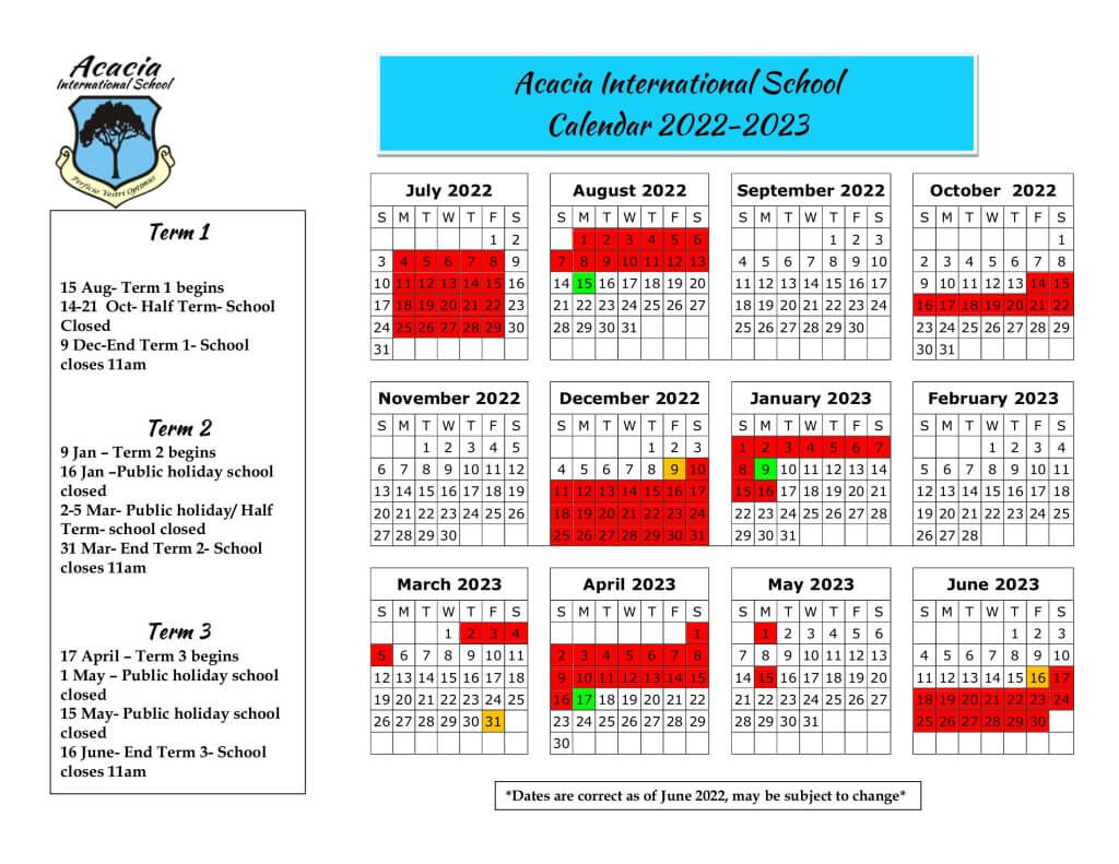 School Calendar Acacia International School